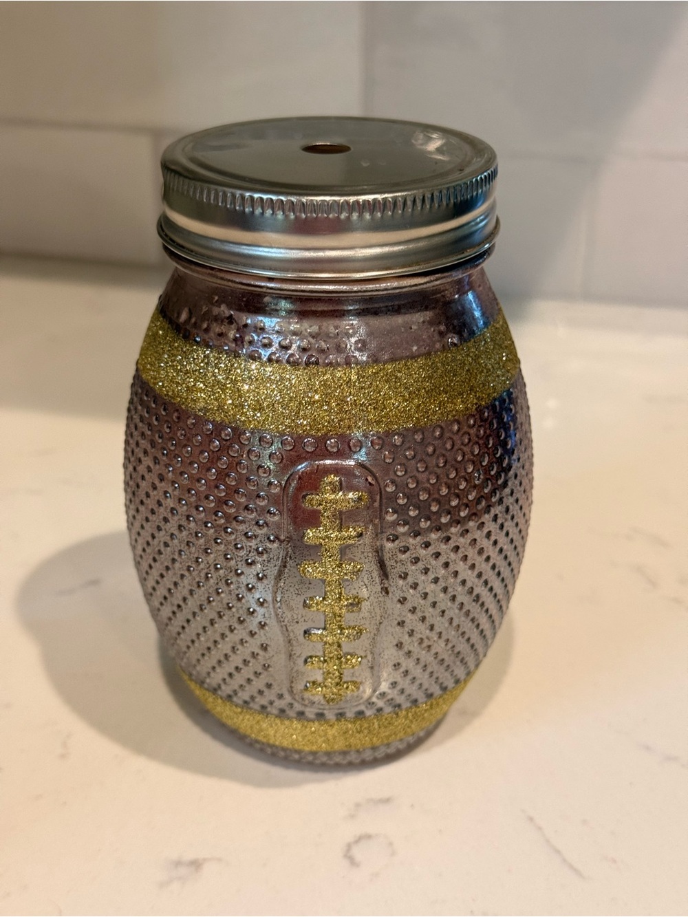 Glitter Football Mason Jar Drinking Glass – 20 oz